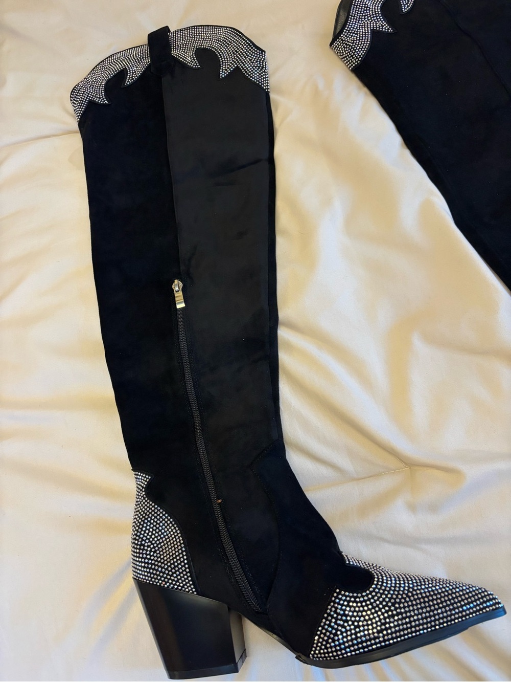 Source Unknown Black Knee-High Western Rhinestone Boots